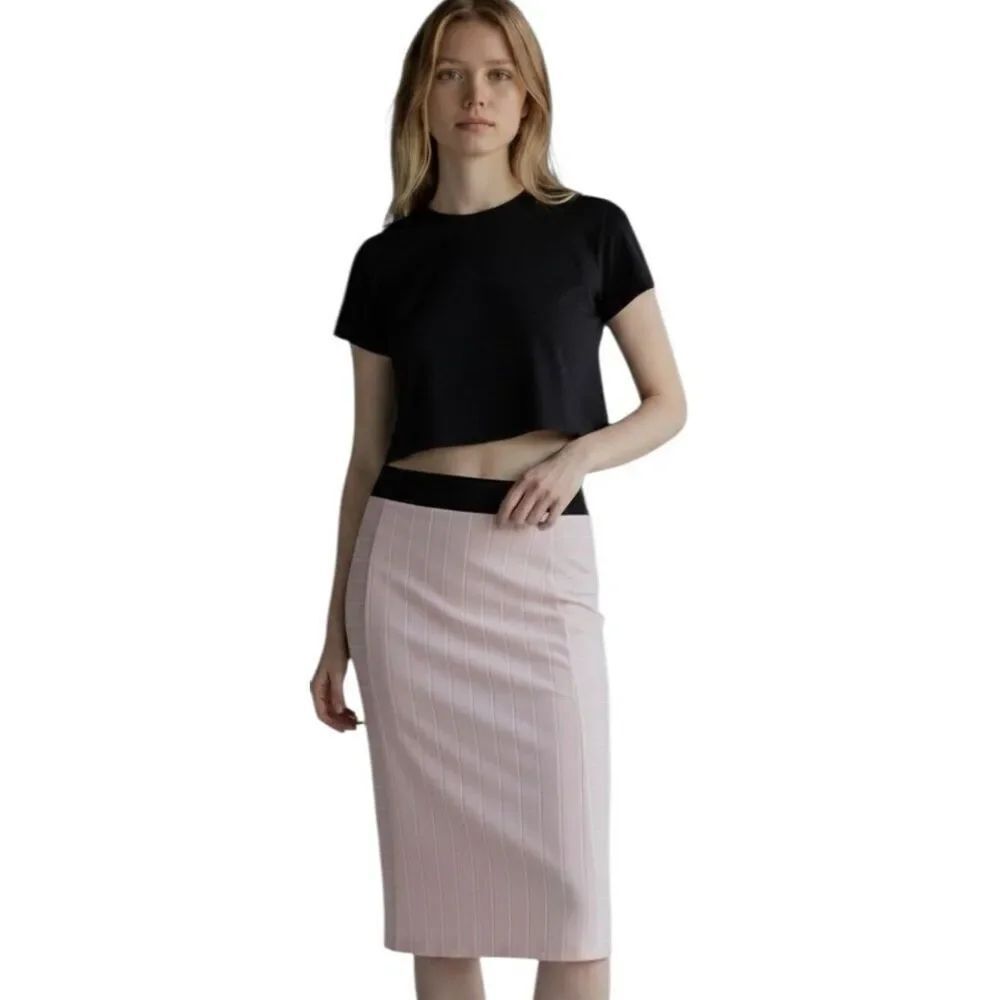 Zara W&B Blush Pink Pencil Midi Skirt Size M Black Waistband Pinstripe Work